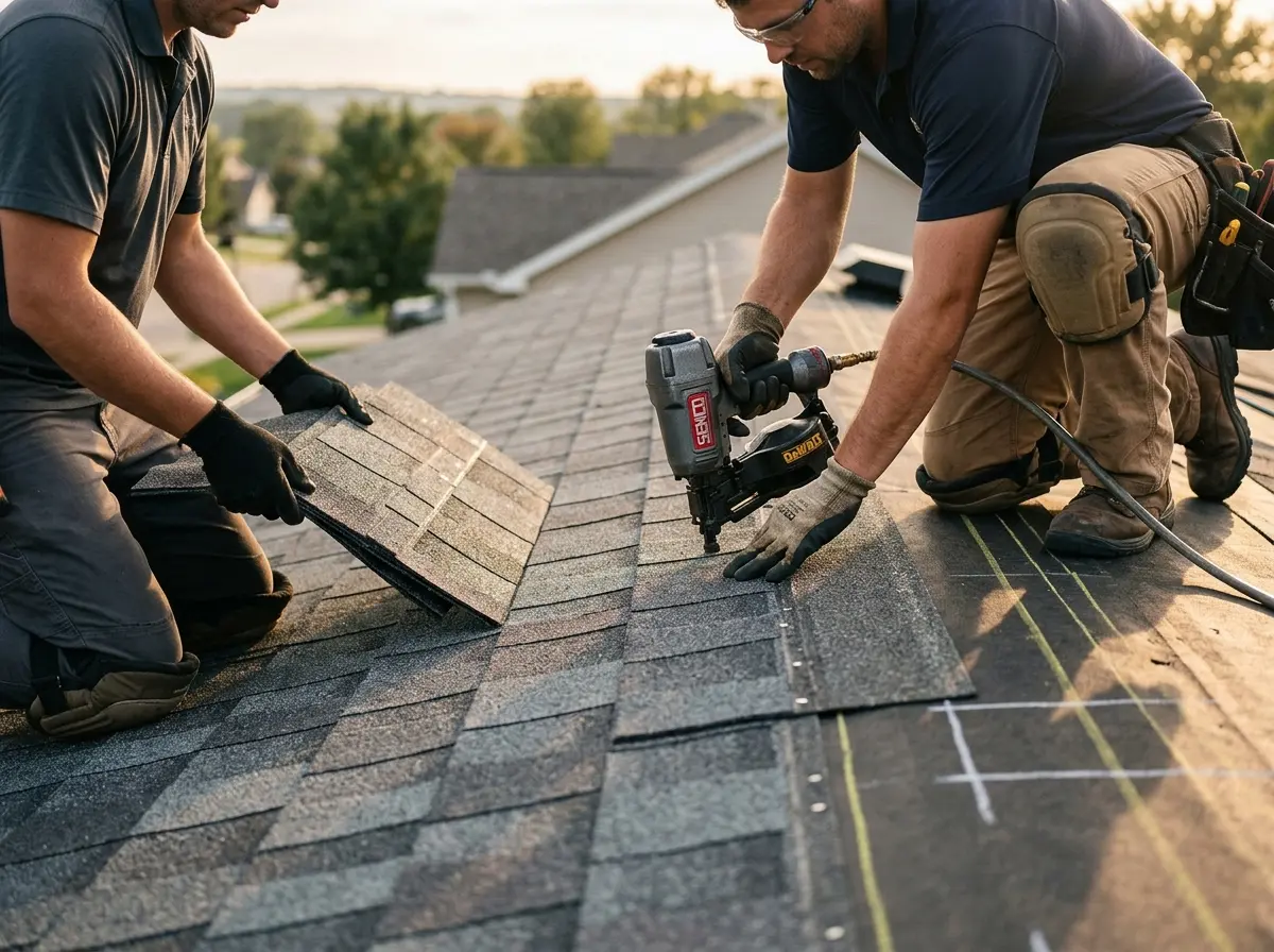 Professional roofer working on a residential roof in Forestdale